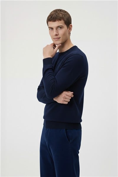 Standart Fit Pasifik Yün Karışımlı Bisiklet Yaka Düz Desen Uzun Kol Triko Kazak