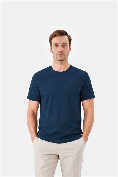 Petrol Mavisi %100 Pamuk Regular Fit Bisiklet Yaka Basic T-shirt