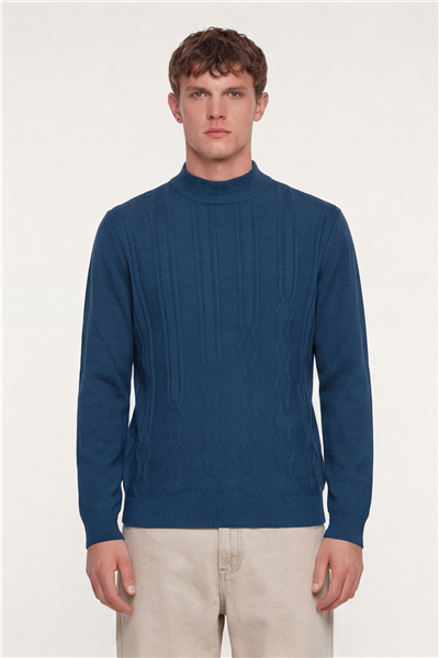 Erkek Petrol Dar Kesim Slim Fit Yünlü Yarım Balıkçı Yaka Triko Kazak