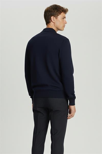 Erkek Lacivert Rahat Kesim Comfort Fit Yünlü Yan Cepli Tam Astarlı Fermuarlı Polo Yaka Triko Mont