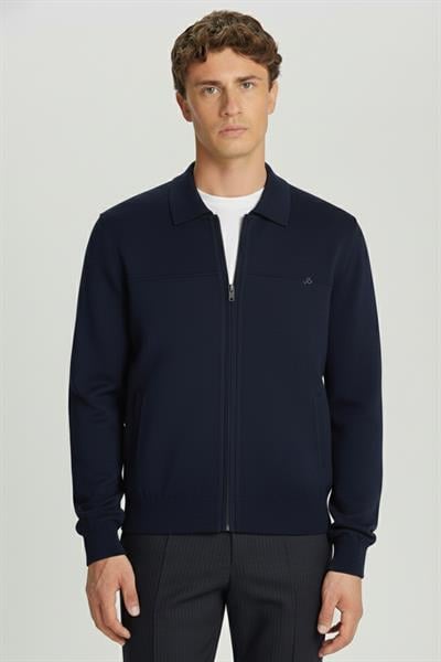 Erkek Lacivert Rahat Kesim Comfort Fit Yünlü Yan Cepli Tam Astarlı Fermuarlı Polo Yaka Triko Mont