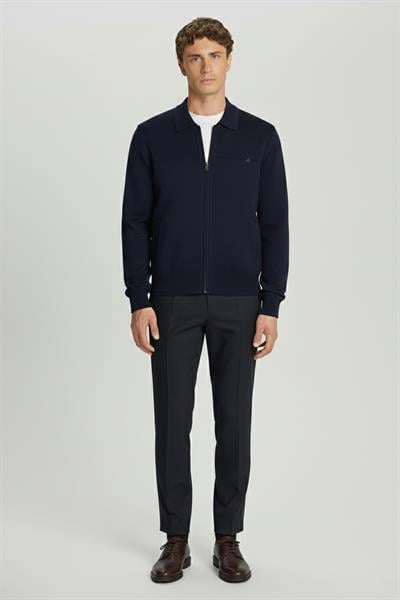 Erkek Lacivert Rahat Kesim Comfort Fit Yünlü Yan Cepli Tam Astarlı Fermuarlı Polo Yaka Triko Mont