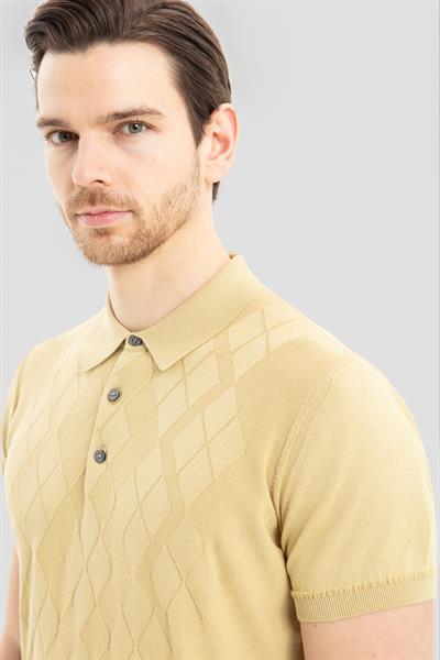 Erkek Camel Slim Fit %100 Pamuk Desenli Triko Polo Yaka Tişört