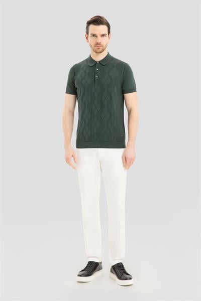 Erkek Yeşil Slim Fit %100 Pamuk Desenli Triko Polo Yaka Tişört