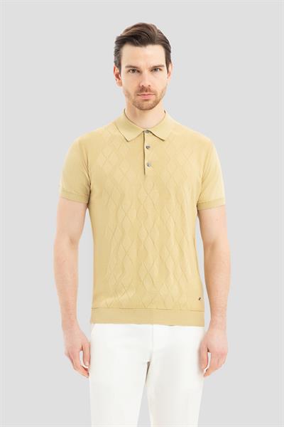 Erkek Camel Slim Fit %100 Pamuk Desenli Triko Polo Yaka Tişört