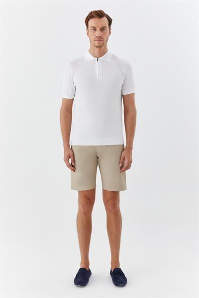 Ekru Regular Fit Triko Polo Yaka Dokulu Tişört