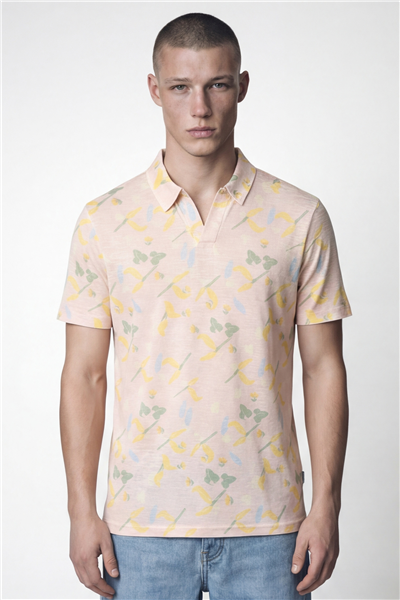 Giotelli Erkek Pudra Dar Kesim Slim Fit Desenli Kısa Kollu Polo Yaka Tişört