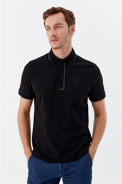 Siyah %100 Pamuk Gizli Fermuarlı Polo Yaka T-shirt 