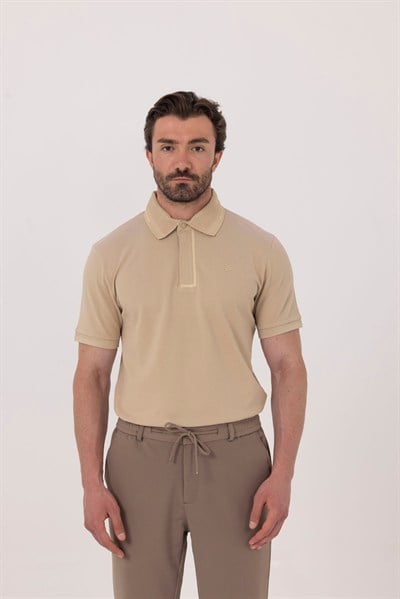 Kum %100 Pamuk Gizli Fermuarlı Polo Yaka T-shirt 