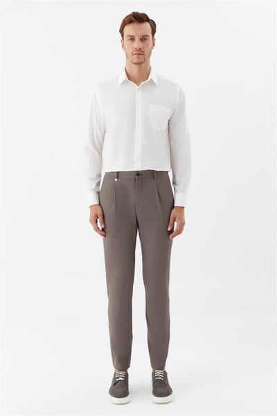 Regular Fit Pileli Erkek Chino Pantolon Koyu Vizon
