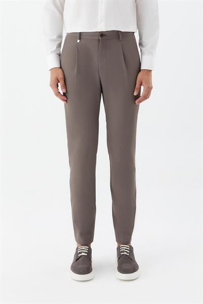Regular Fit Pileli Erkek Chino Pantolon Koyu Vizon