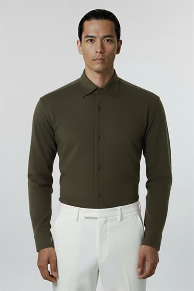 Sabri Özel Erkek Haki Düz Düğmeli Yaka Slim Fit Gömlek
