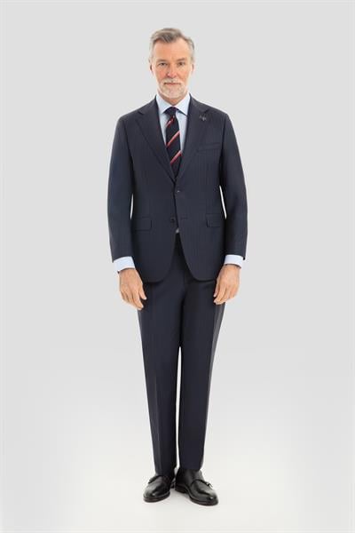 Erkek Lacivert Slim Fit Mono Yaka Çizgili 6 Drop Yün Karışımlı Takım Elbise