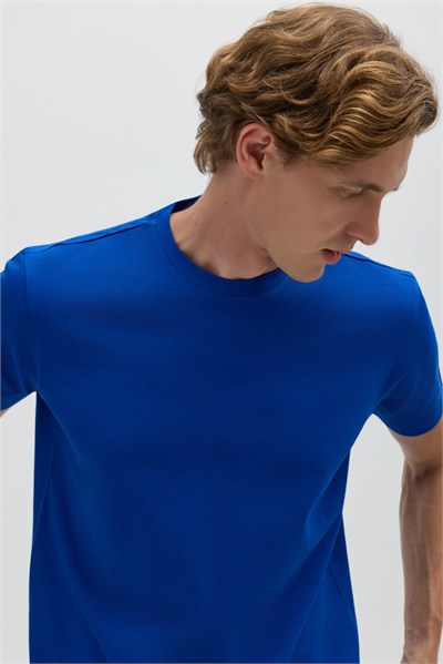 Saks Mavi %100 Pamuk Regular Fit Dokuma Bisiklet Yaka Basic T-Shirt