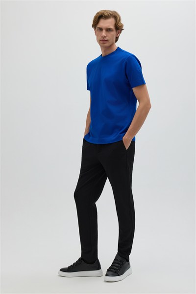 Saks Mavi %100 Pamuk Regular Fit Dokuma Bisiklet Yaka Basic T-Shirt