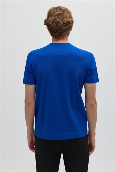 Saks Mavi %100 Pamuk Regular Fit Dokuma Bisiklet Yaka Basic T-Shirt