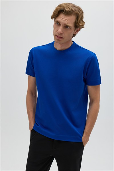 Saks Mavi %100 Pamuk Regular Fit Dokuma Bisiklet Yaka Basic T-Shirt