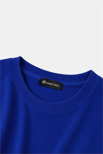 Saks Mavi %100 Pamuk Regular Fit Dokuma Bisiklet Yaka Basic T-Shirt