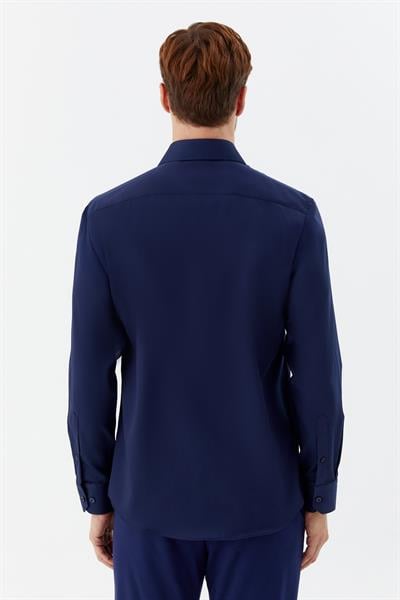 Erkek Lacivert Sivri Yaka %100 Pamuk Regular Fit Uzun Kollu Gömlek
