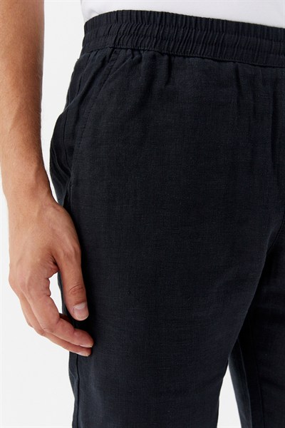 Siyah %100 Keten Regular Fit Beli Lastikli Bermuda Şort
