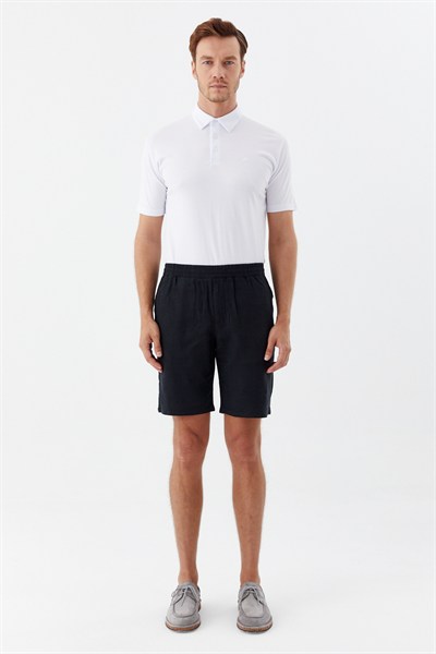 Siyah %100 Keten Regular Fit Beli Lastikli Bermuda Şort