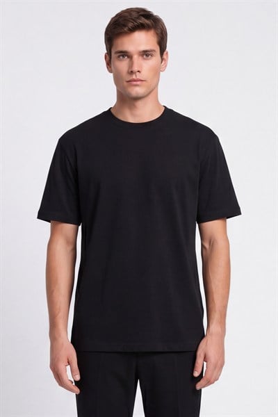Siyah %100 Pamuk Bisiklet Yaka Düz Renk Basic T-Shirt