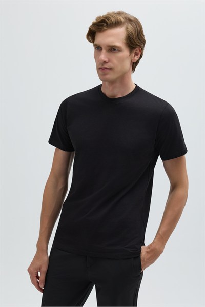 Siyah %100 Pamuk Bisiklet Yaka Düz Renk Basic T-Shirt