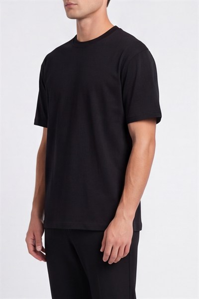 Siyah %100 Pamuk Bisiklet Yaka Düz Renk Basic T-Shirt