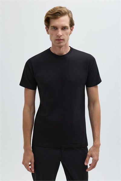 Siyah %100 Pamuk Bisiklet Yaka Düz Renk Basic T-Shirt