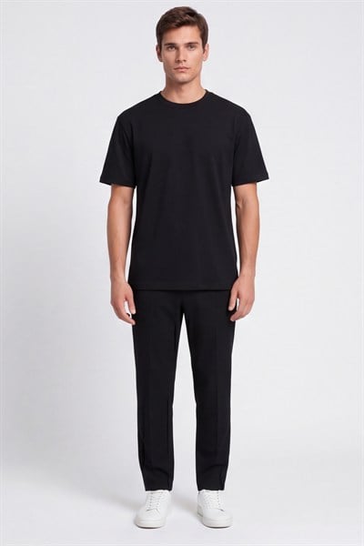 Siyah %100 Pamuk Bisiklet Yaka Düz Renk Basic T-Shirt