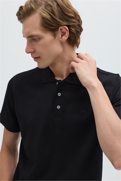 Siyah %100 Pamuk Dokuma Slim Fit Polo Yaka T-shirt