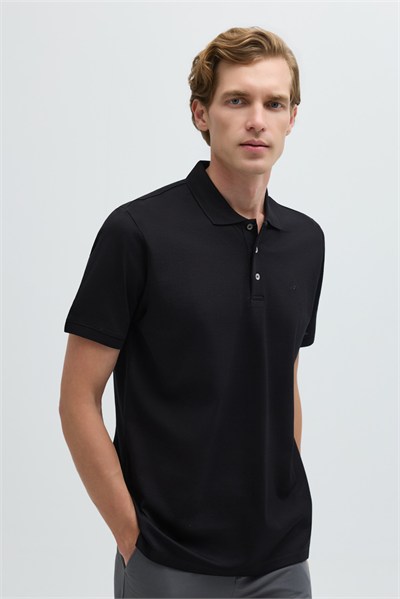 Siyah %100 Pamuk Dokuma Slim Fit Polo Yaka T-shirt