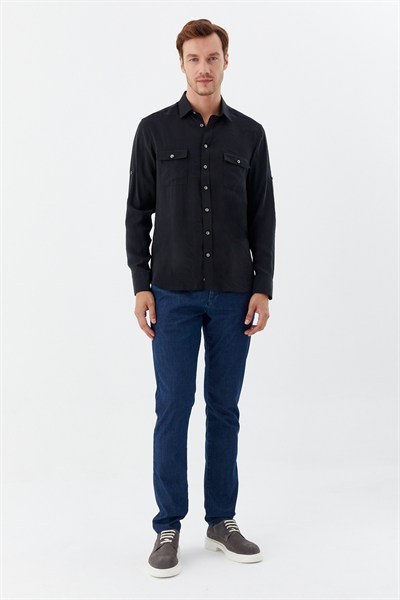 Siyah %100 Pamuk Klasik Yaka Cepli Slim Fit Gömlek
