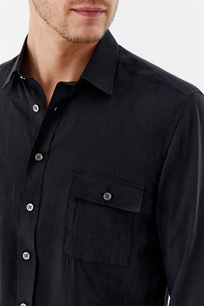 Siyah %100 Pamuk Klasik Yaka Cepli Slim Fit Gömlek