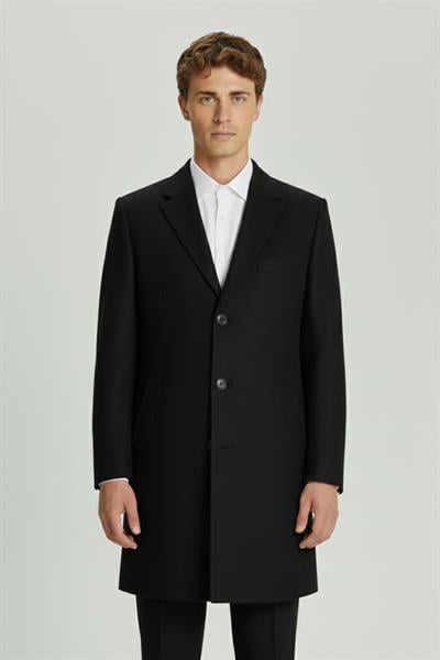 Giotelli Siyah Regular Fit Yün Karışımlı Ceket Yaka Orta Boy Erkek Palto
