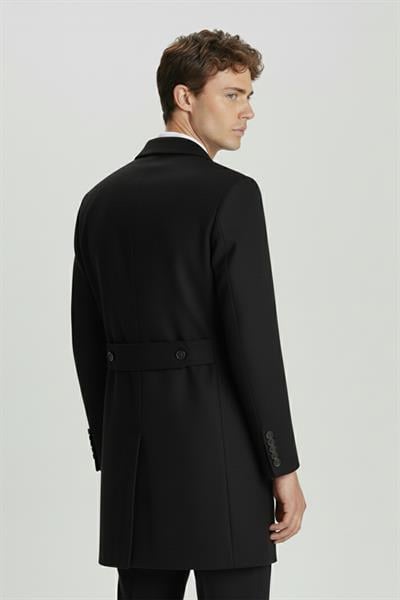Giotelli Siyah Slim Fit Yün Karışımlı Sivri Yaka Kruvaze 6 Drop Orta Boy Erkek Palto