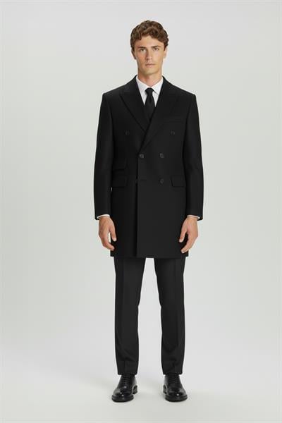 Giotelli Siyah Slim Fit Yün Karışımlı Sivri Yaka Kruvaze 6 Drop Orta Boy Erkek Palto