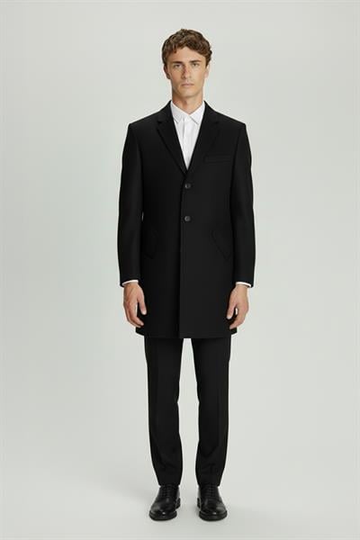 Giotelli Siyah Regular Fit Yün Karışımlı Ceket Yaka Orta Boy Erkek Palto