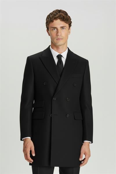 Giotelli Siyah Slim Fit Yün Karışımlı Sivri Yaka Kruvaze 6 Drop Orta Boy Erkek Palto