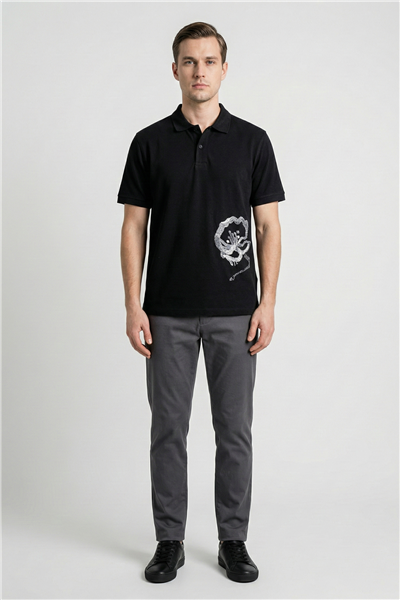 Giotelli Erkek Siyah Dar Kesim Slim Fit %100 Pamuk Dokuma Düğmeli Nakışlı Polo Yaka Tişört