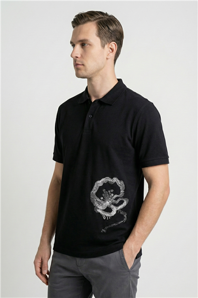 Giotelli Erkek Siyah Dar Kesim Slim Fit %100 Pamuk Dokuma Düğmeli Nakışlı Polo Yaka Tişört