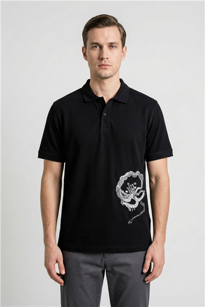 Giotelli Erkek Siyah Dar Kesim Slim Fit %100 Pamuk Dokuma Düğmeli Nakışlı Polo Yaka Tişört