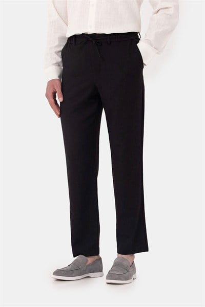 Siyah Keten Görünümlü Arka Lastikli Köprü Kemerli Bağcıklı Regular Fit Jogger Pantolon