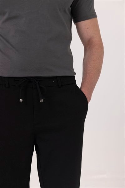 Siyah Keten Görünümlü Arka Lastikli Köprü Kemerli Bağcıklı Regular Fit Jogger Pantolon