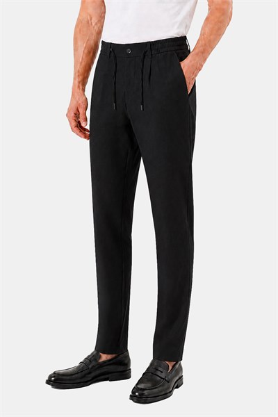 Siyah Keten Görünümlü Arka Lastikli Köprü Kemerli Bağcıklı Regular Fit Jogger Pantolon
