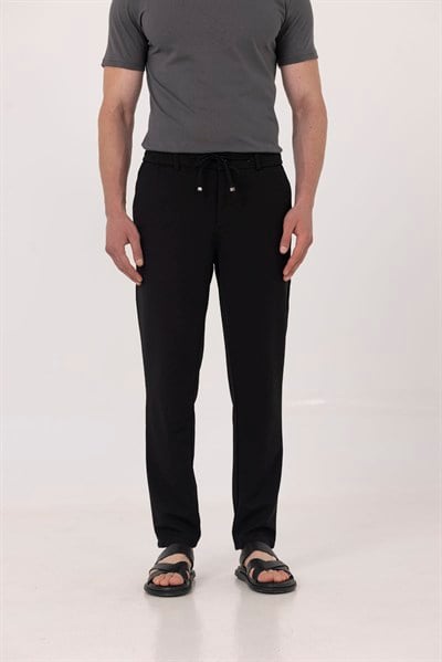 Siyah Keten Görünümlü Arka Lastikli Köprü Kemerli Bağcıklı Regular Fit Jogger Pantolon