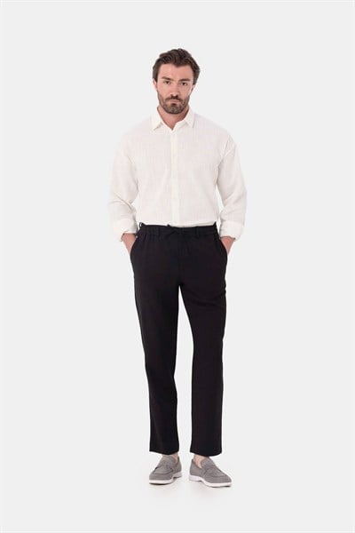 Siyah Keten Görünümlü Arka Lastikli Köprü Kemerli Bağcıklı Regular Fit Jogger Pantolon