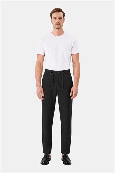 Siyah Keten Görünümlü Arka Lastikli Köprü Kemerli Bağcıklı Regular Fit Jogger Pantolon