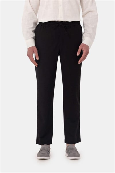 Siyah Keten Görünümlü Arka Lastikli Köprü Kemerli Bağcıklı Regular Fit Jogger Pantolon