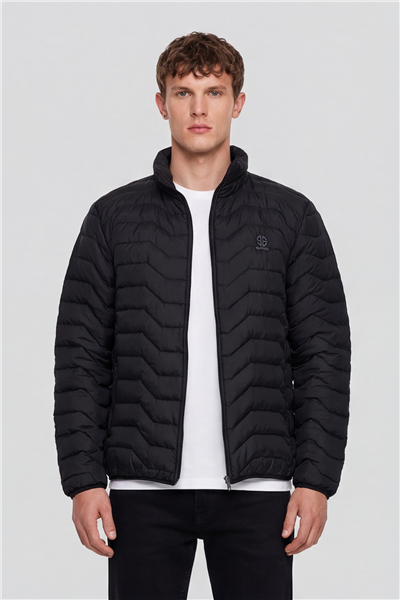 Erkek Siyah Dar Kesim Slim Fit Dik Yaka Fermuarlı Mont